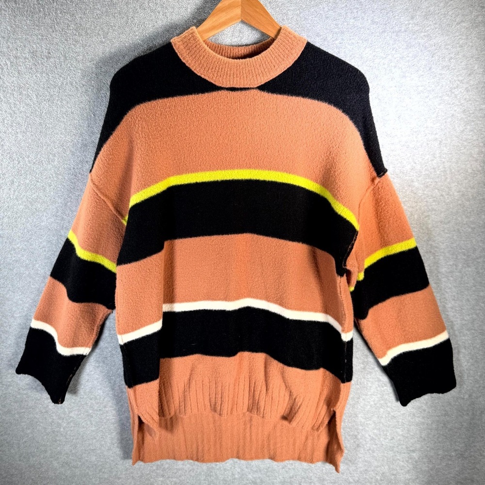 Free People Peaches Tunic Sweater Women's XS Orange Black Striped Drop Shoulder‎